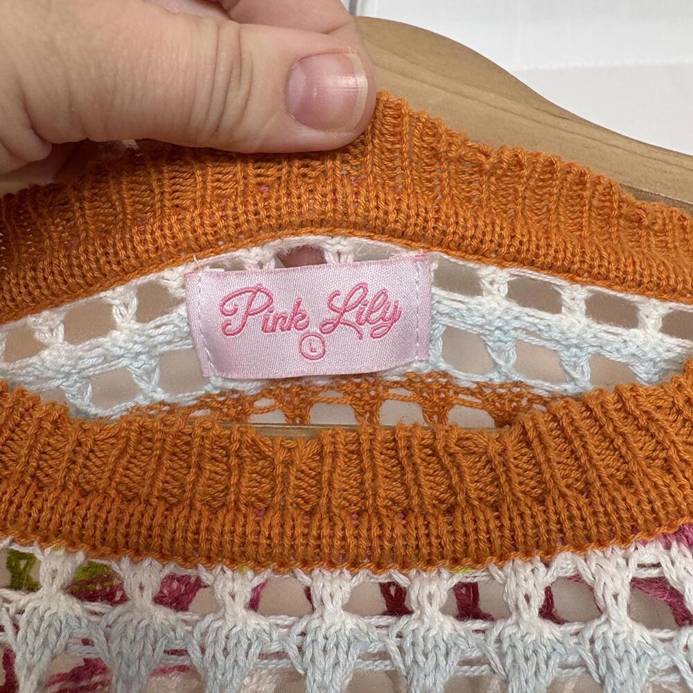 Pink Lily Open Knit Pink, Orange, and White Knit Summer Sweater Size: Large - Picture 3 of 6
